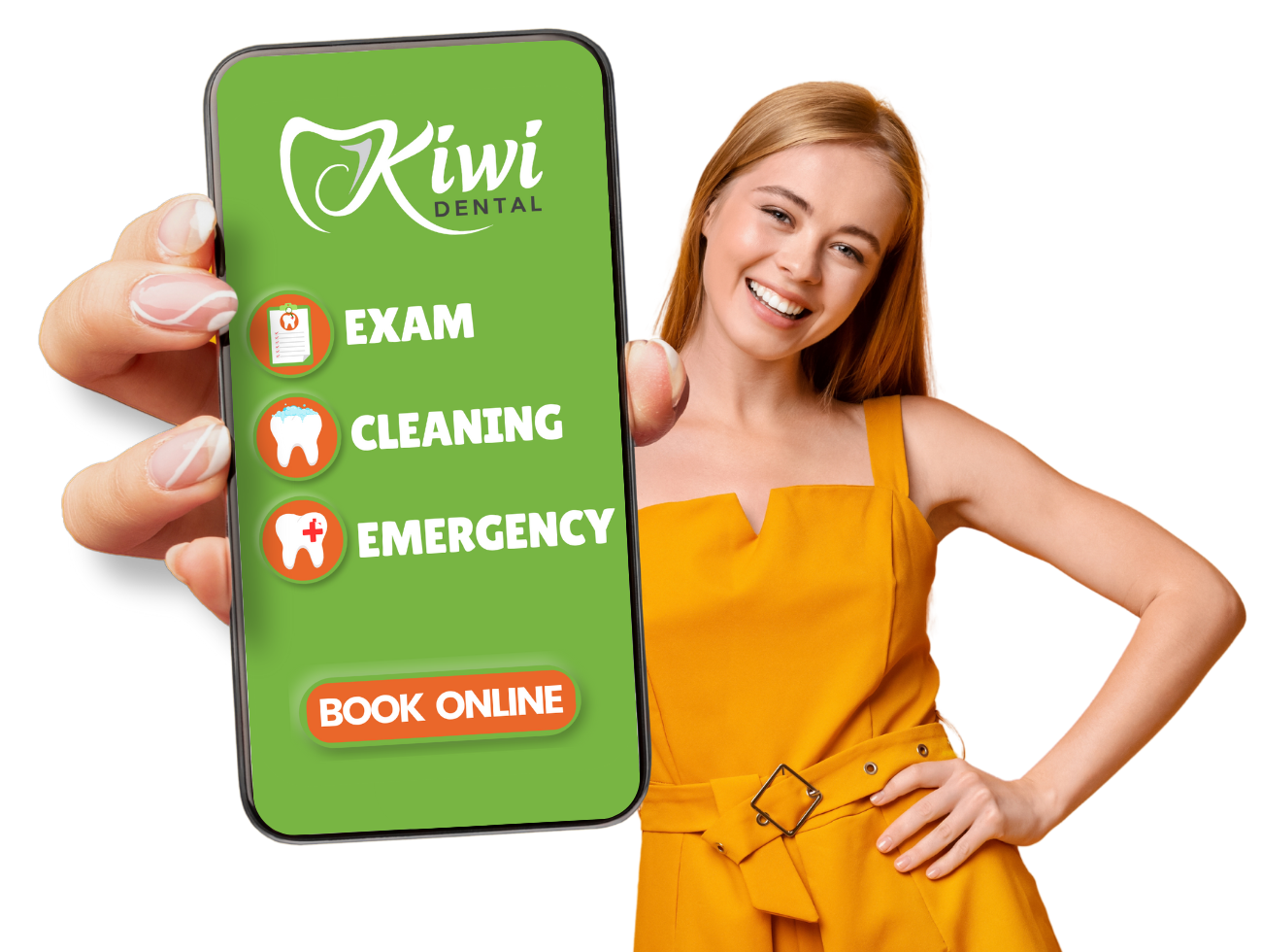 A girl Smiling holding a phone with Kiwi Dental's advertisement.