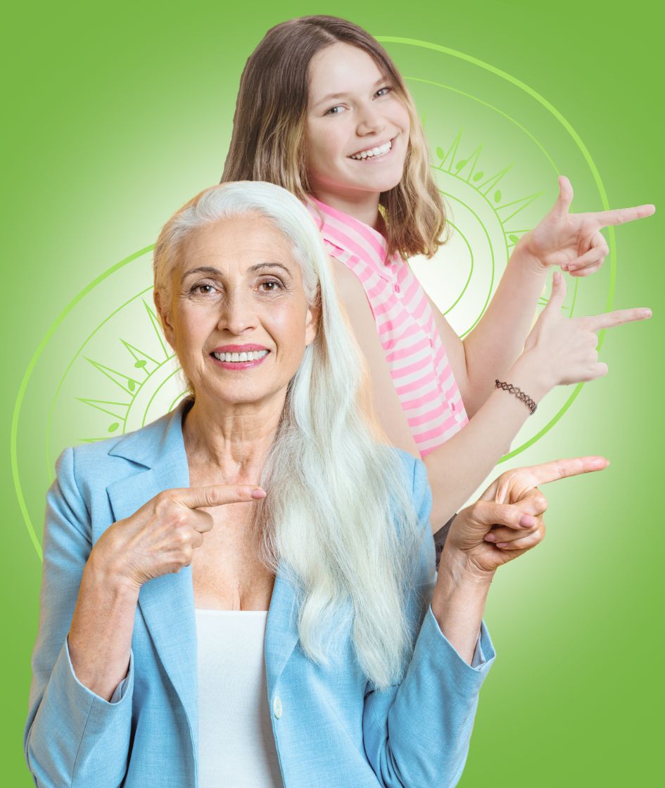 GRANDMOTHER AND GRANDDAUGHTER POINTING