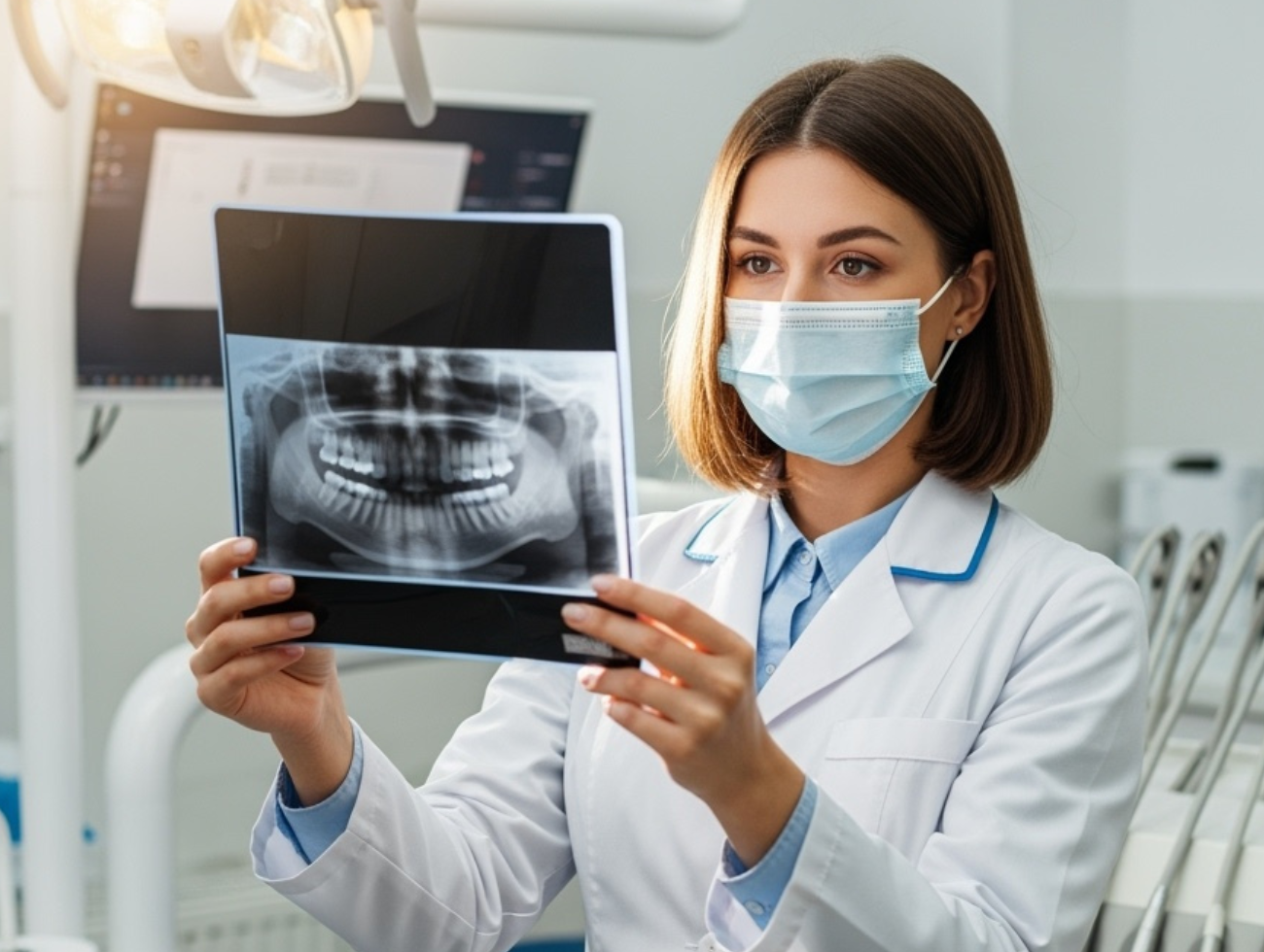 a woman wearing a mask and holding an x-ray